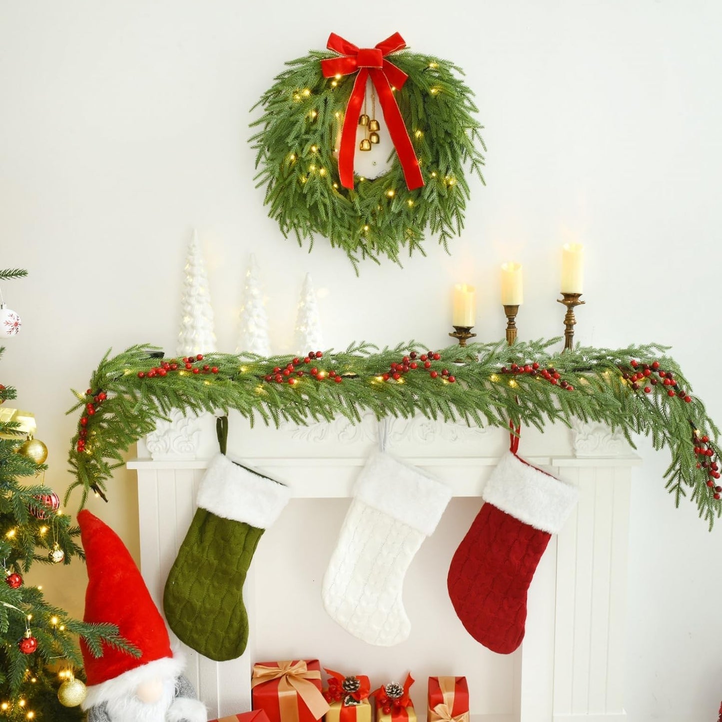 LED Christmas Norfolk Pine Garland Artificial Real Touch Garland for Mantle