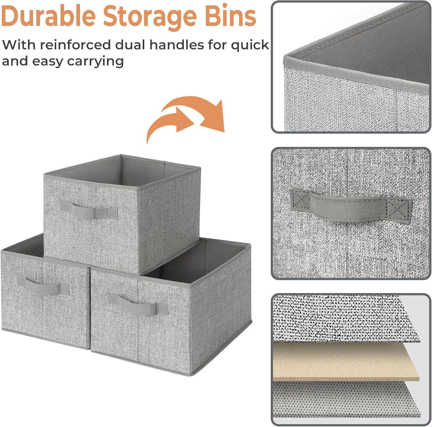 3-Pack Large Fabric Storage Bins with Handles, Collapsible Storage Boxes for Shelves & Closet Organization, Gray