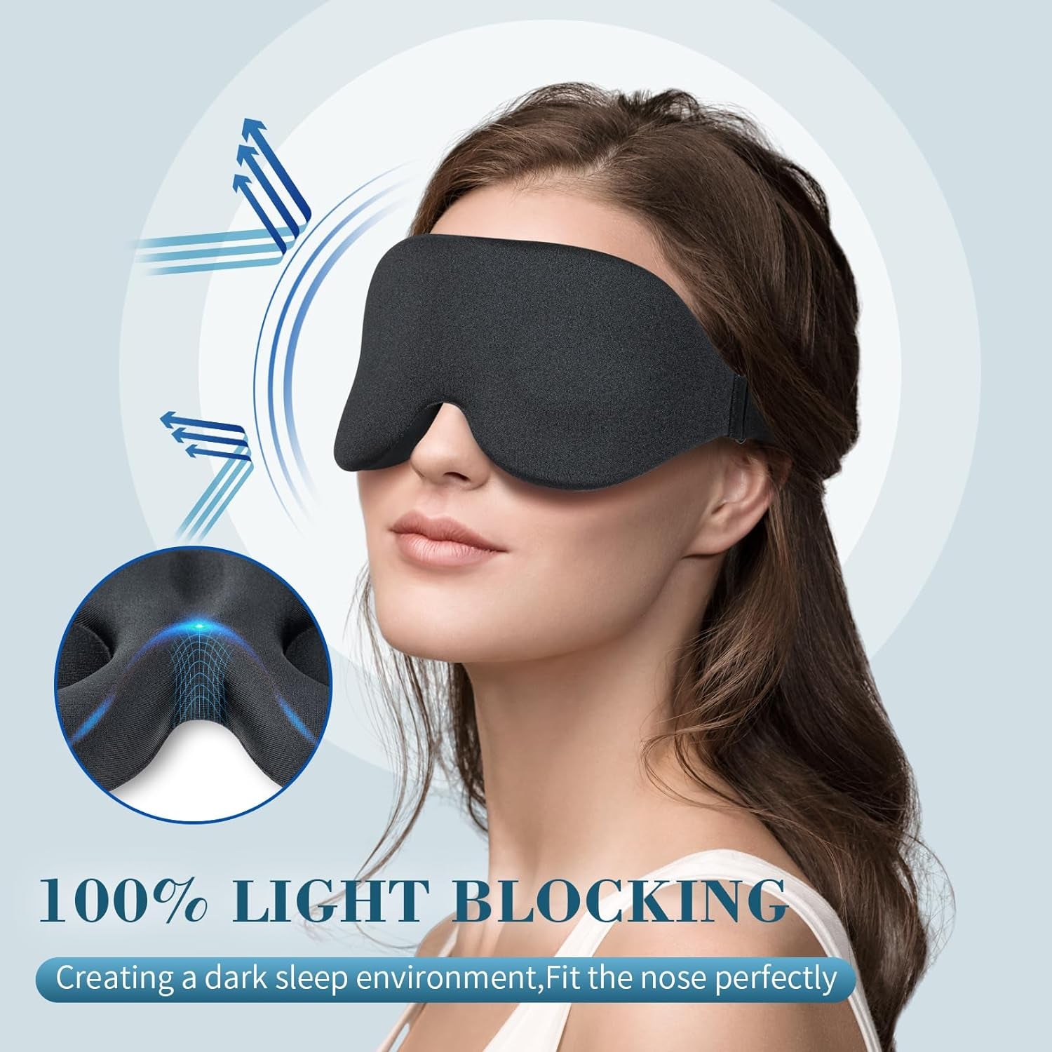 3D Contoured Sleep Mask for Side Sleepers – Light-Blocking Eye Mask with Adjustable Strap for Travel, Nap & Night Sleep (Black)