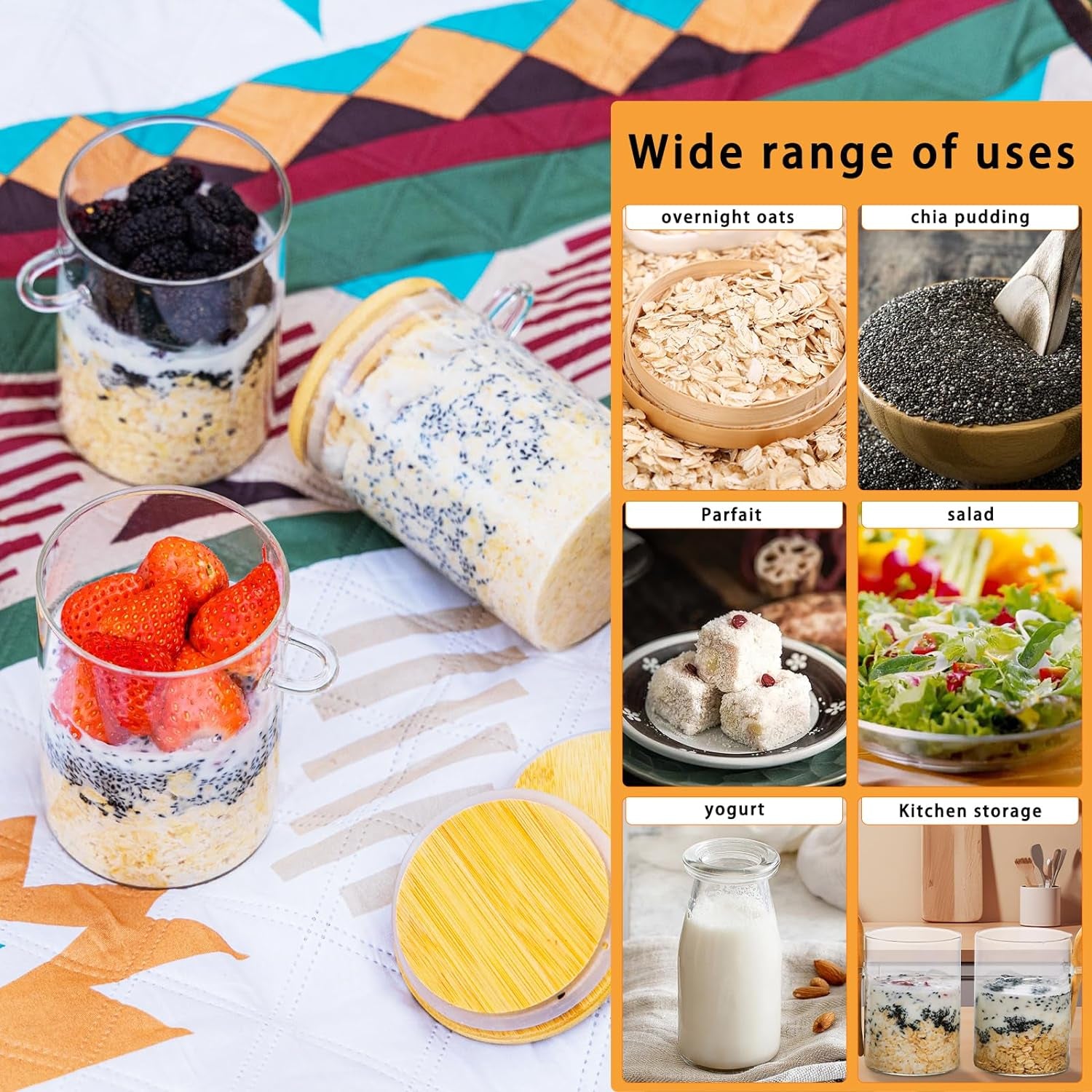 4-Pack 16oz Glass Overnight Oats & Meal Prep Containers with Lids, Oatmeal & Pudding Jars