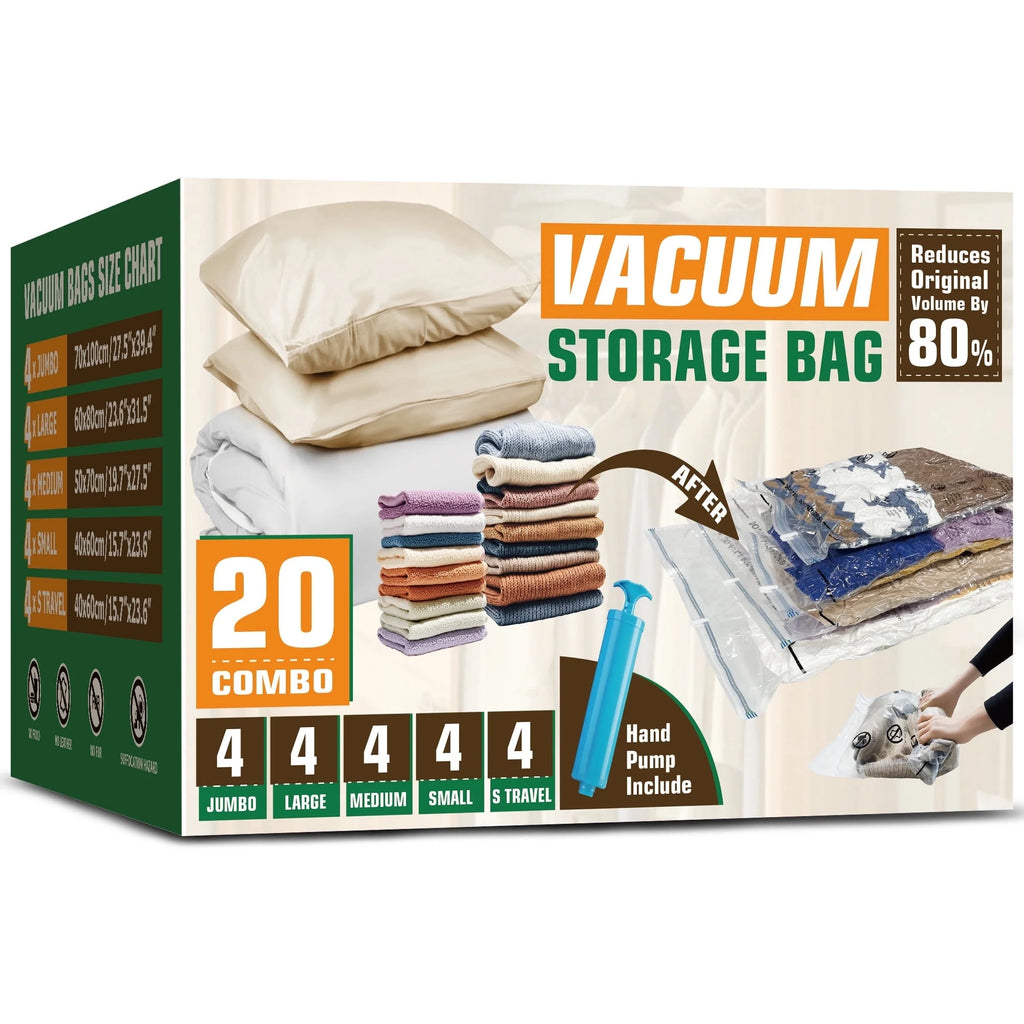 Transparent Vacuum Storage Bags, 20 Pack, Space Saver for Comforters, Blankets, Clothes, Hand Pump Included