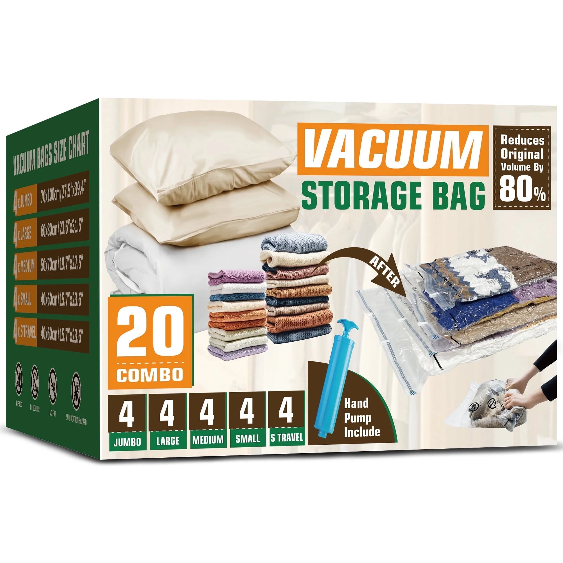 Transparent Vacuum Storage Bags, 20 Pack, Space Saver for Comforters, Blankets, Clothes, Hand Pump Included