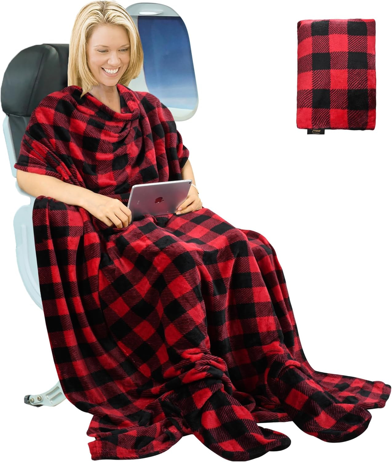 Travel Blanket Airplane Office Poncho 4 in 1 Premium Cozy Fleece Portable Poncho Blankets with Built-In Bag, Pocket