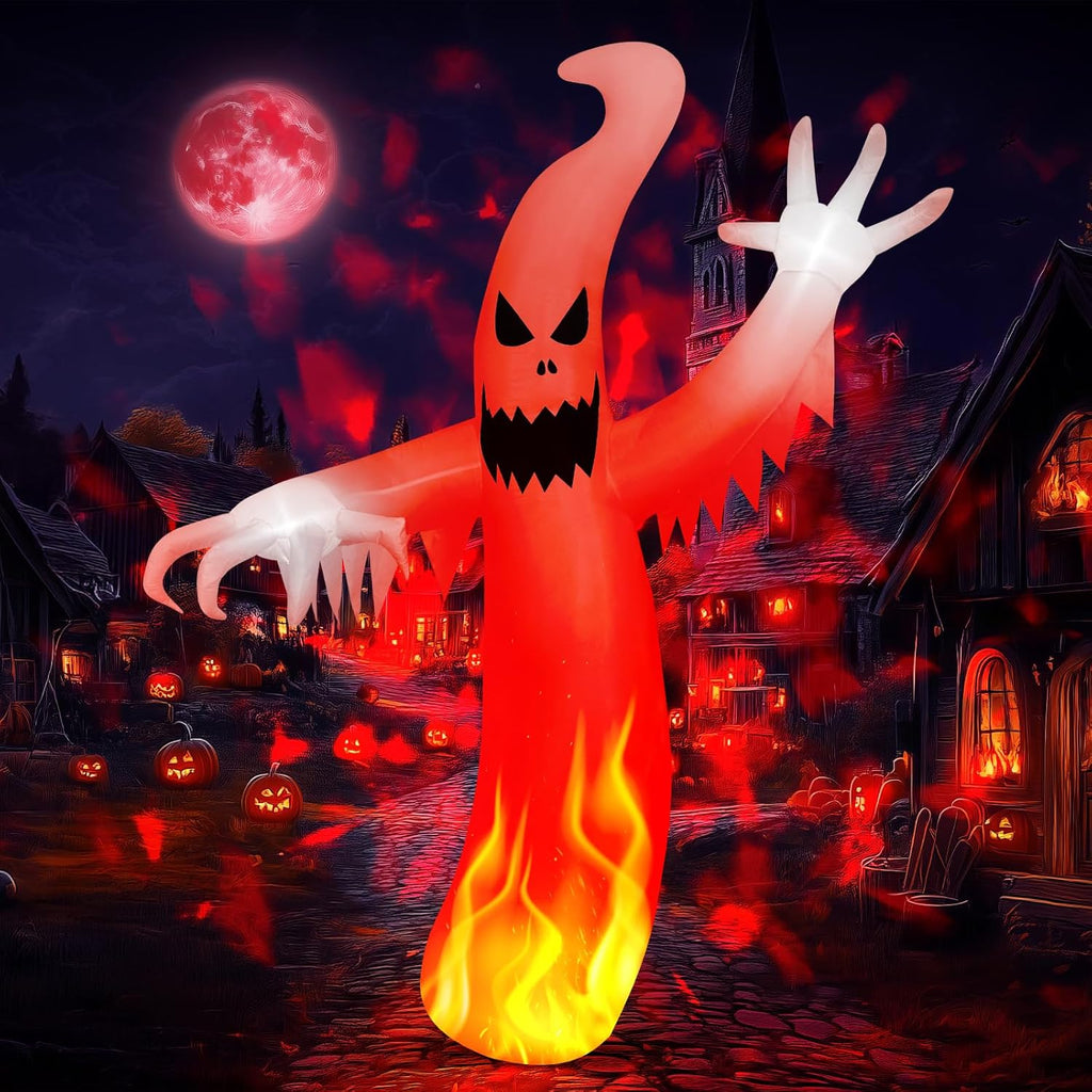 Tall inflatable Halloween ghost glowing with red disco lights on a lawn
