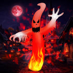 Tall inflatable Halloween ghost glowing with red disco lights on a lawn