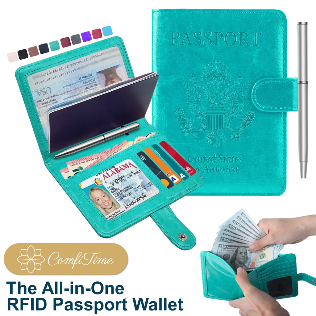 Passport Holder – RFID Blocking Travel Wallet with Cash & Vaccine Card Holder, Waterproof PU Leather Passport Case for Men & Women 