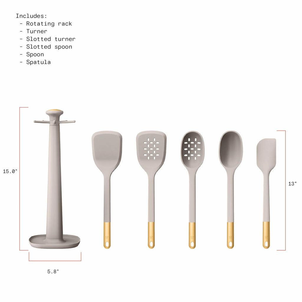 6-Piece Silicone Kitchen Utensil Tool Set with Rotating Rack by Drew Barrymore, Porcini Taupe