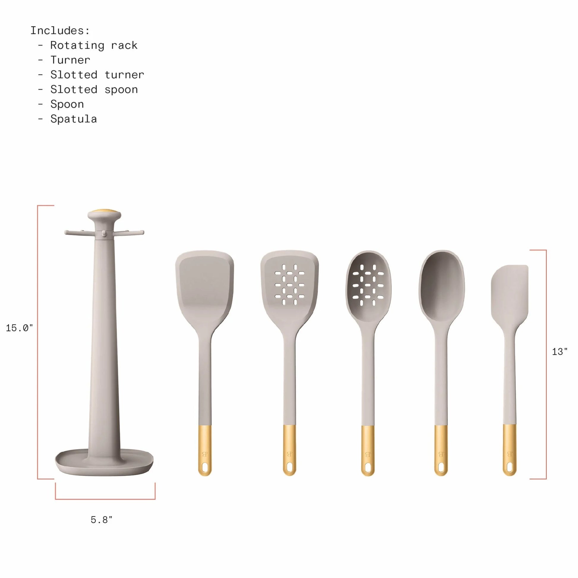 6-Piece Silicone Kitchen Utensil Tool Set with Rotating Rack by Drew Barrymore, Porcini Taupe