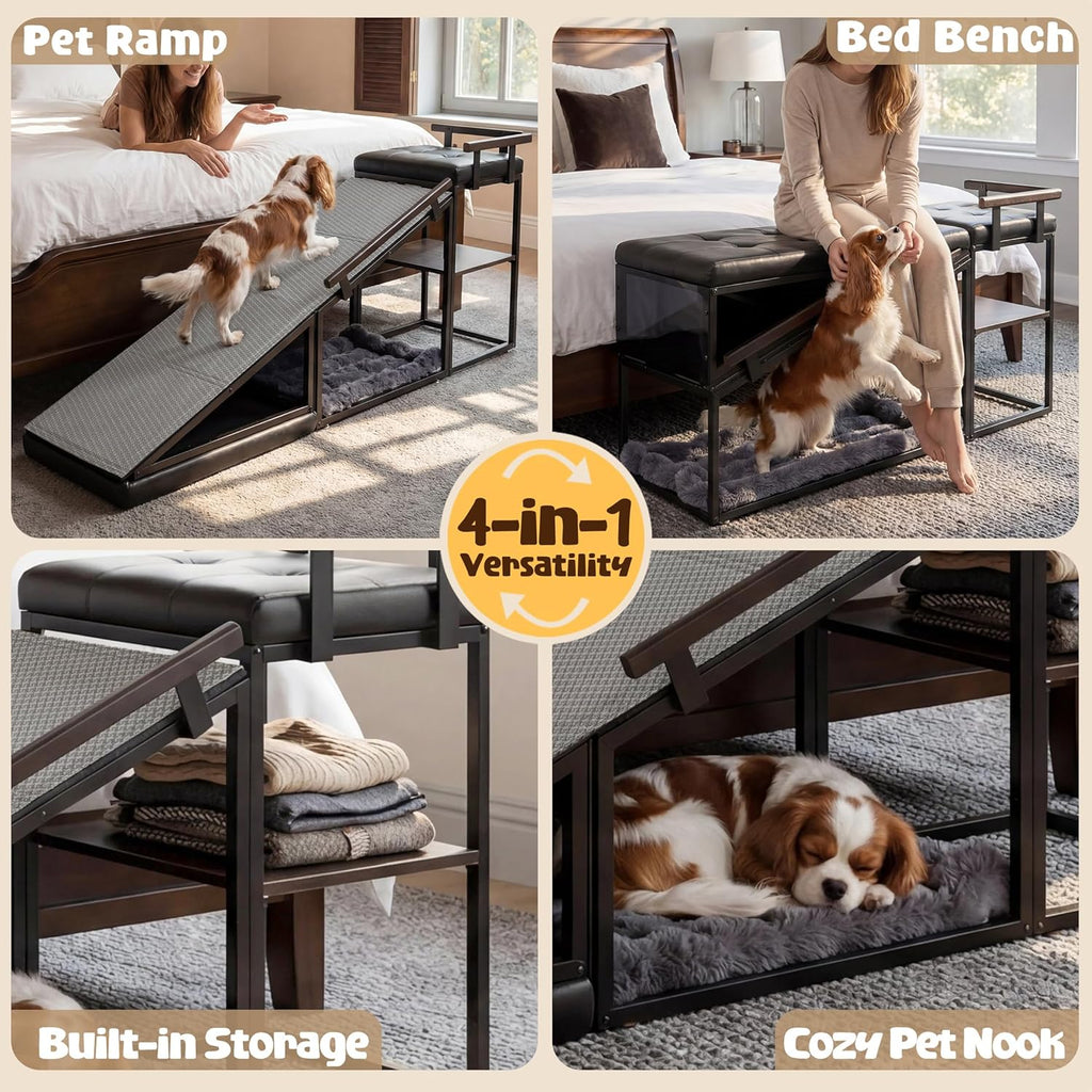 4-in-1 Dog Ramp for Bed  Storage Pet Stairs & Ottoman Bench, Ideal for Small&Medium Dogs,Black