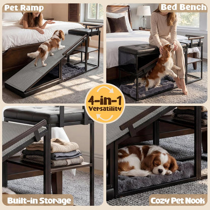 4-in-1 Dog Ramp for Bed  Storage Pet Stairs & Ottoman Bench, Ideal for Small&Medium Dogs,Black
