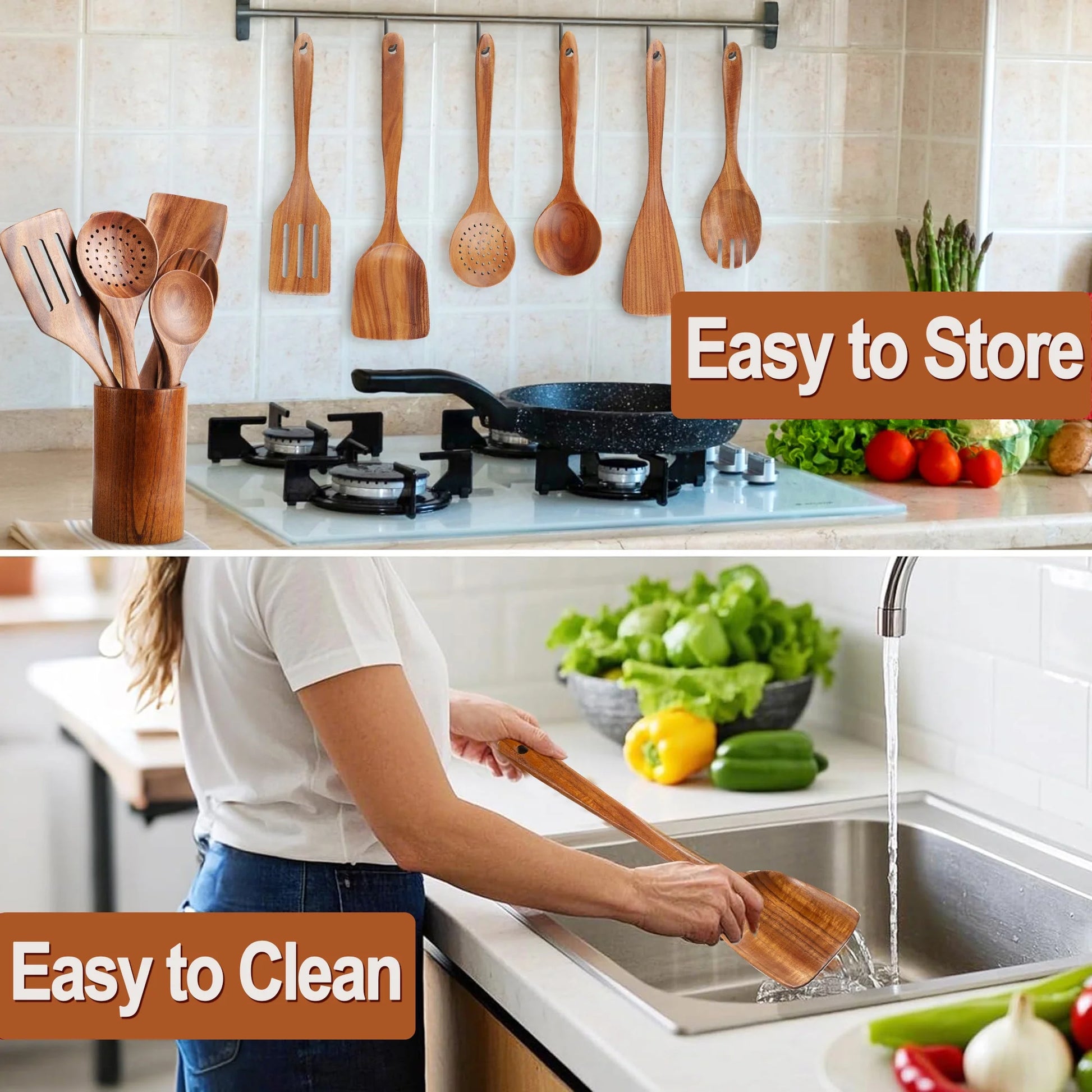 9-Piece Natural Teak Wooden Cooking Utensil Set with Holder & Spoon Rest, Safe for Nonstick Pans & Cookware