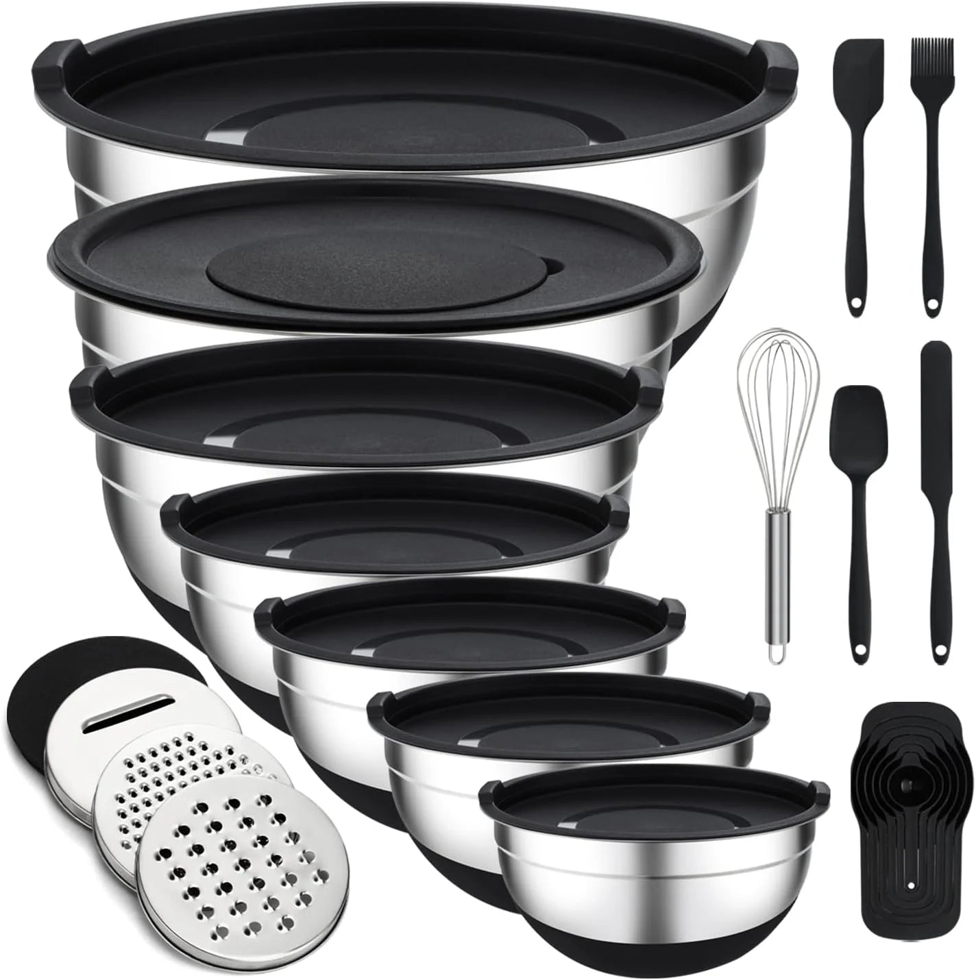 16 Pieces Mixing Bowls with Lids Set, 3 Grater Attachments, Non-Slip Silicone Base Stainless Steel Mixing Bowl Set, Sizes 4.5, 4, 3.5, 2.1, 1.5, 1.1, 0.7 Qt for Kitchen, Black
