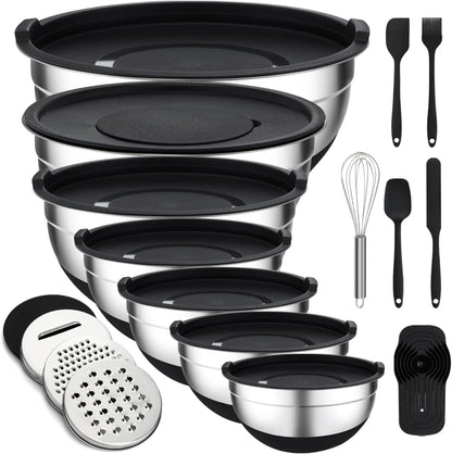 16 Pieces Mixing Bowls with Lids Set, 3 Grater Attachments, Non-Slip Silicone Base Stainless Steel Mixing Bowl Set, Sizes 4.5, 4, 3.5, 2.1, 1.5, 1.1, 0.7 Qt for Kitchen, Black