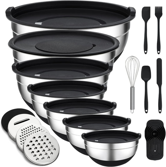 16 Pieces Mixing Bowls with Lids Set, 3 Grater Attachments, Non-Slip Silicone Base Stainless Steel Mixing Bowl Set, Sizes 4.5, 4, 3.5, 2.1, 1.5, 1.1, 0.7 Qt for Kitchen, Black