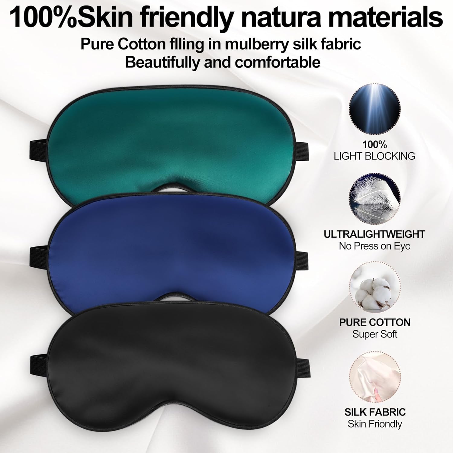 Silk Sleep Mask – Adjustable Satin Blackout Blindfold for Men & Women, Comfortable Night Sleep (Black, Blue, Green)