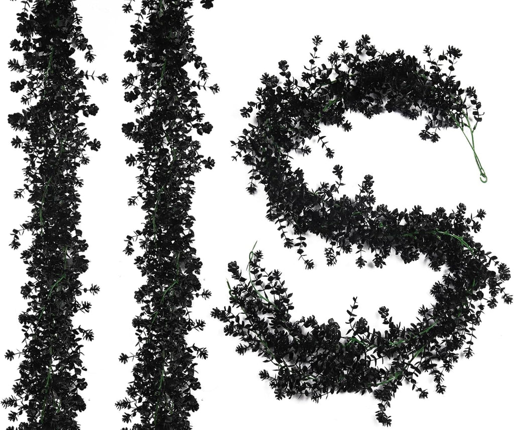 3-Pack Black Artificial Eucalyptus Garland with Flowers, Halloween & Fall Party Decor, Fake Floral Greenery for Wall Backdrop