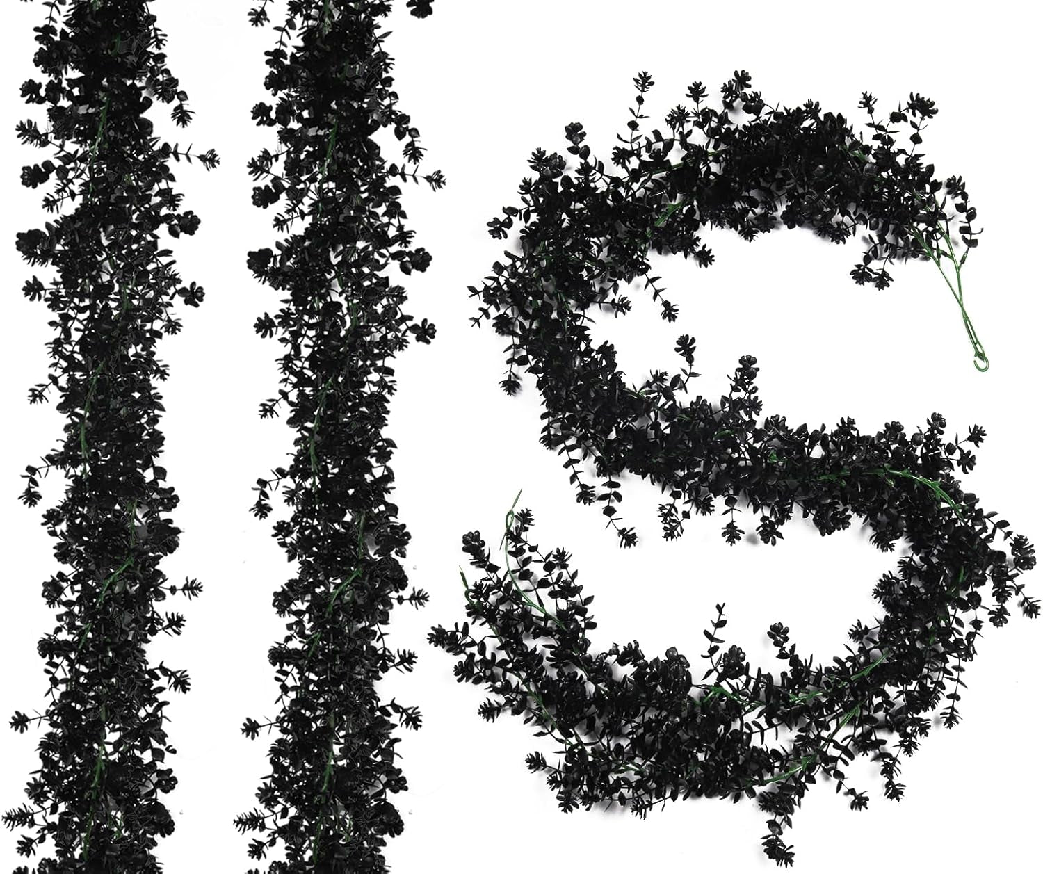 3-Pack Black Artificial Eucalyptus Garland with Flowers, Halloween & Fall Party Decor, Fake Floral Greenery for Wall Backdrop