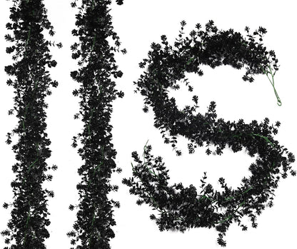 3-Pack Black Artificial Eucalyptus Garland with Flowers, Halloween & Fall Party Decor, Fake Floral Greenery for Wall Backdrop