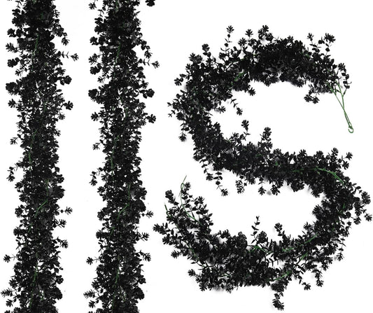 3-Pack Black Artificial Eucalyptus Garland with Flowers, Halloween & Fall Party Decor, Fake Floral Greenery for Wall Backdrop