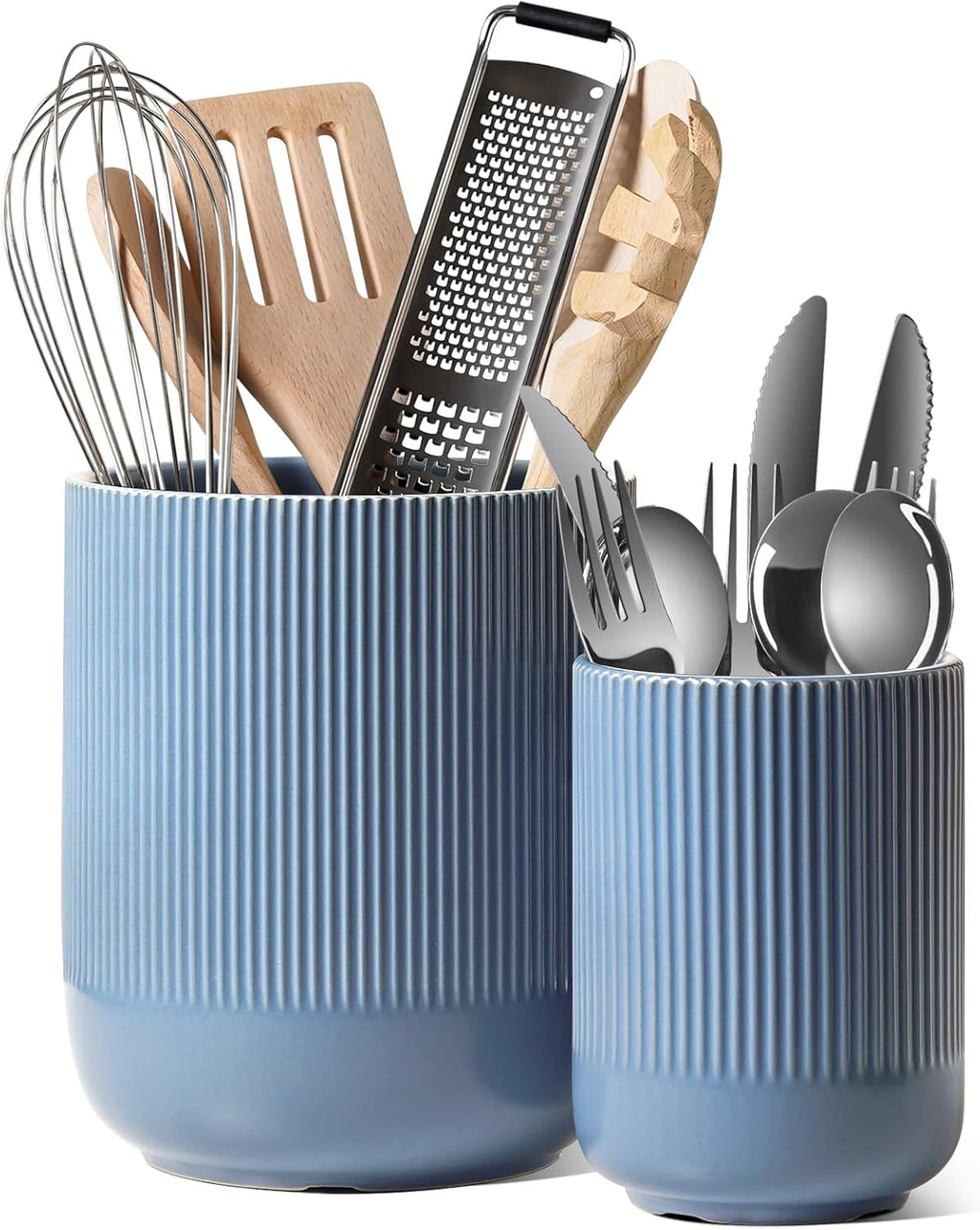 Set of 2 Ceramic Kitchen Utensil Holders, Large Modern Countertop Crocks for Spatulas & Cooking Tools, White (7.3" & 5.4")