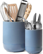 Set of 2 Ceramic Kitchen Utensil Holders, Large Modern Countertop Crocks for Spatulas & Cooking Tools, White (7.3" & 5.4")
