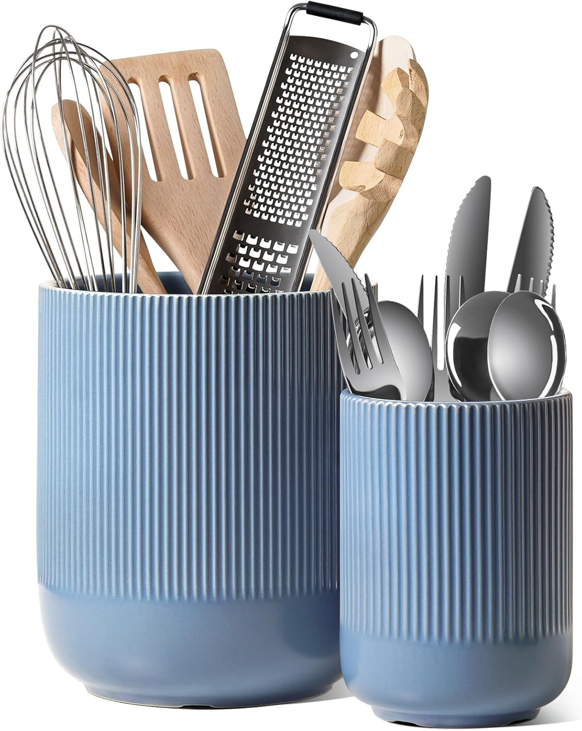 Set of 2 Ceramic Kitchen Utensil Holders, Large Modern Countertop Crocks for Spatulas & Cooking Tools, White (7.3" & 5.4")