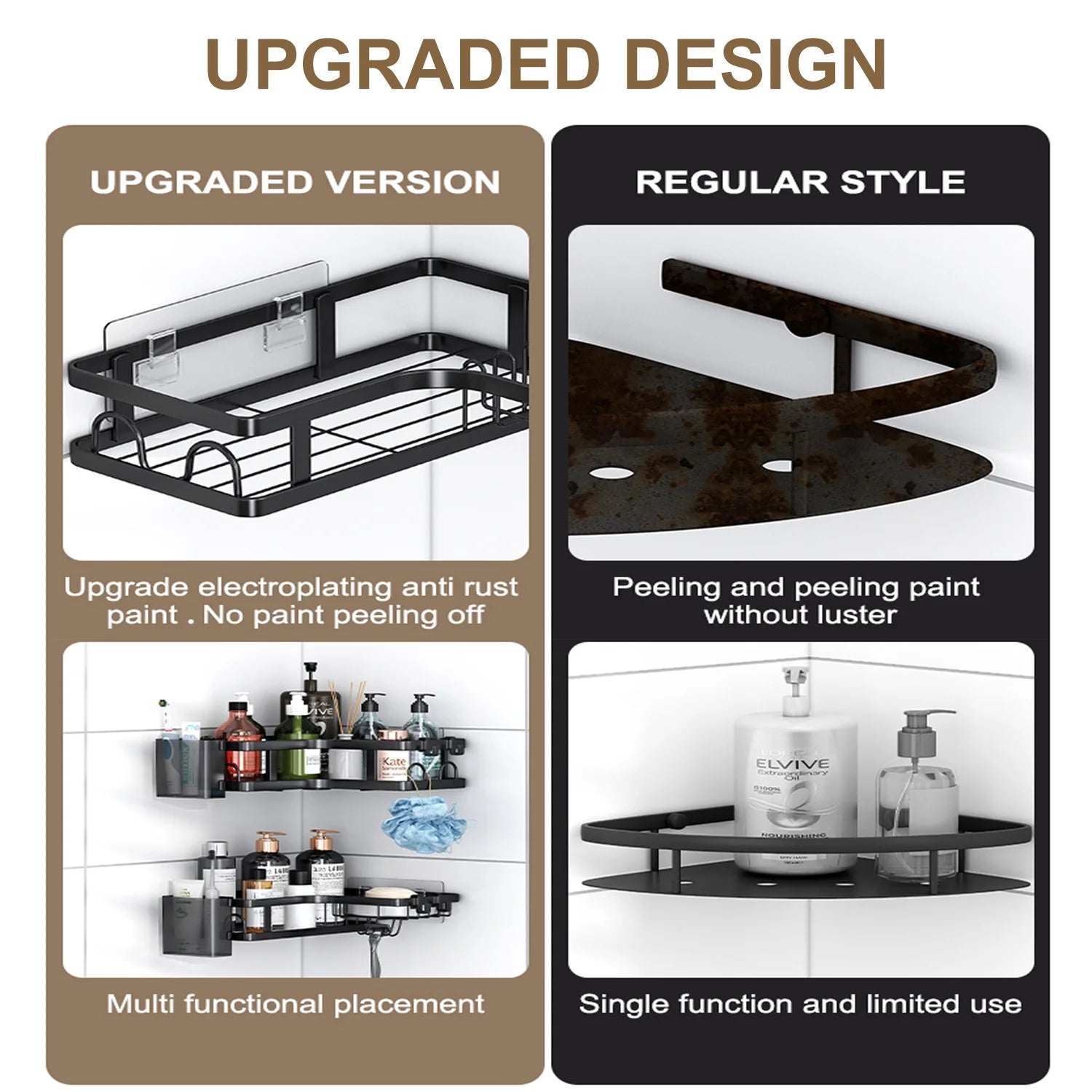 5 PCS Corner Shower Caddy, No Drilling Stainless Steel Shower Storage Rack with Hooks & Toothpaste Holder for Bathroom, Black