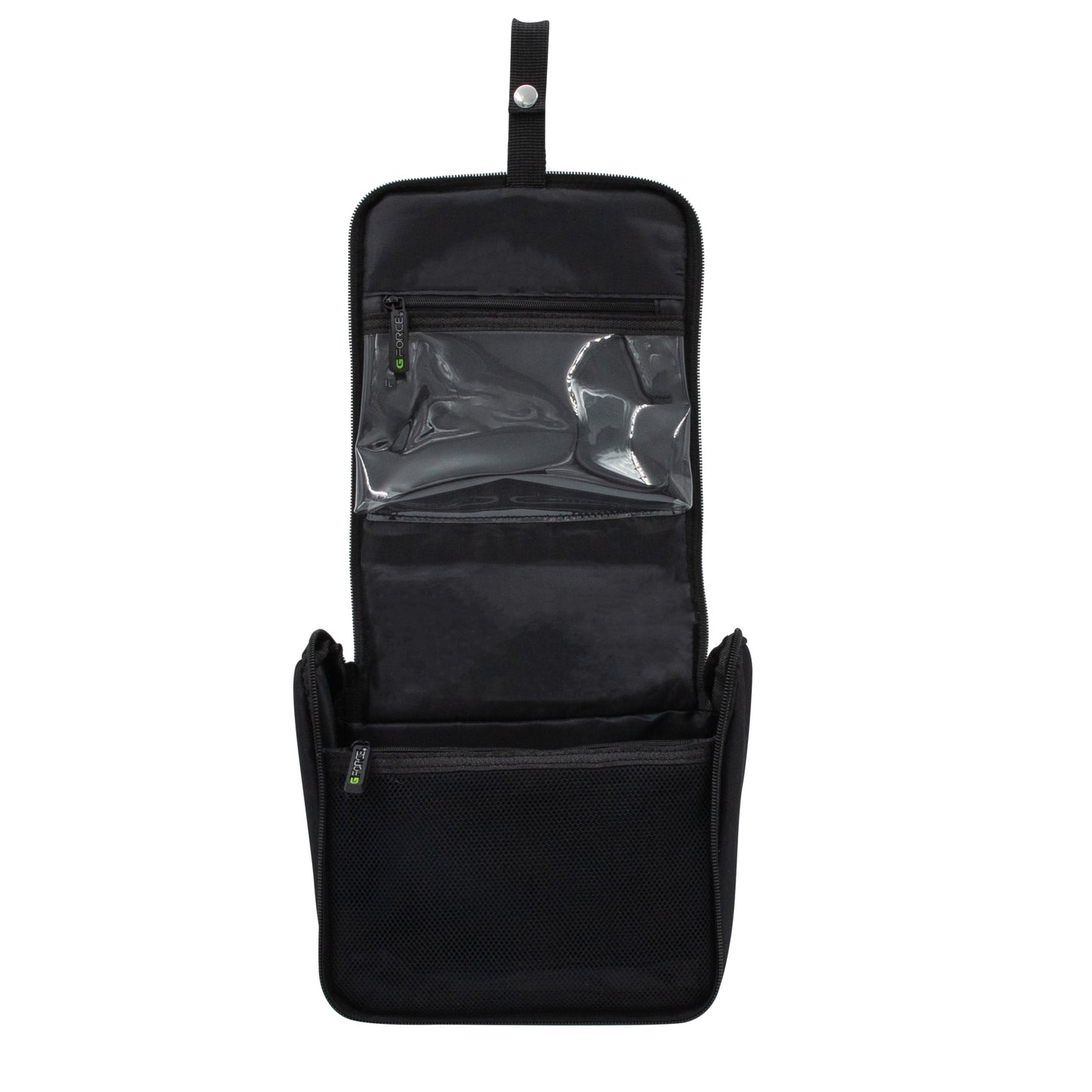 RPET Hanging Toiletry Bag Set with 3 Piece Clear Refillable Travel Bottles, Black