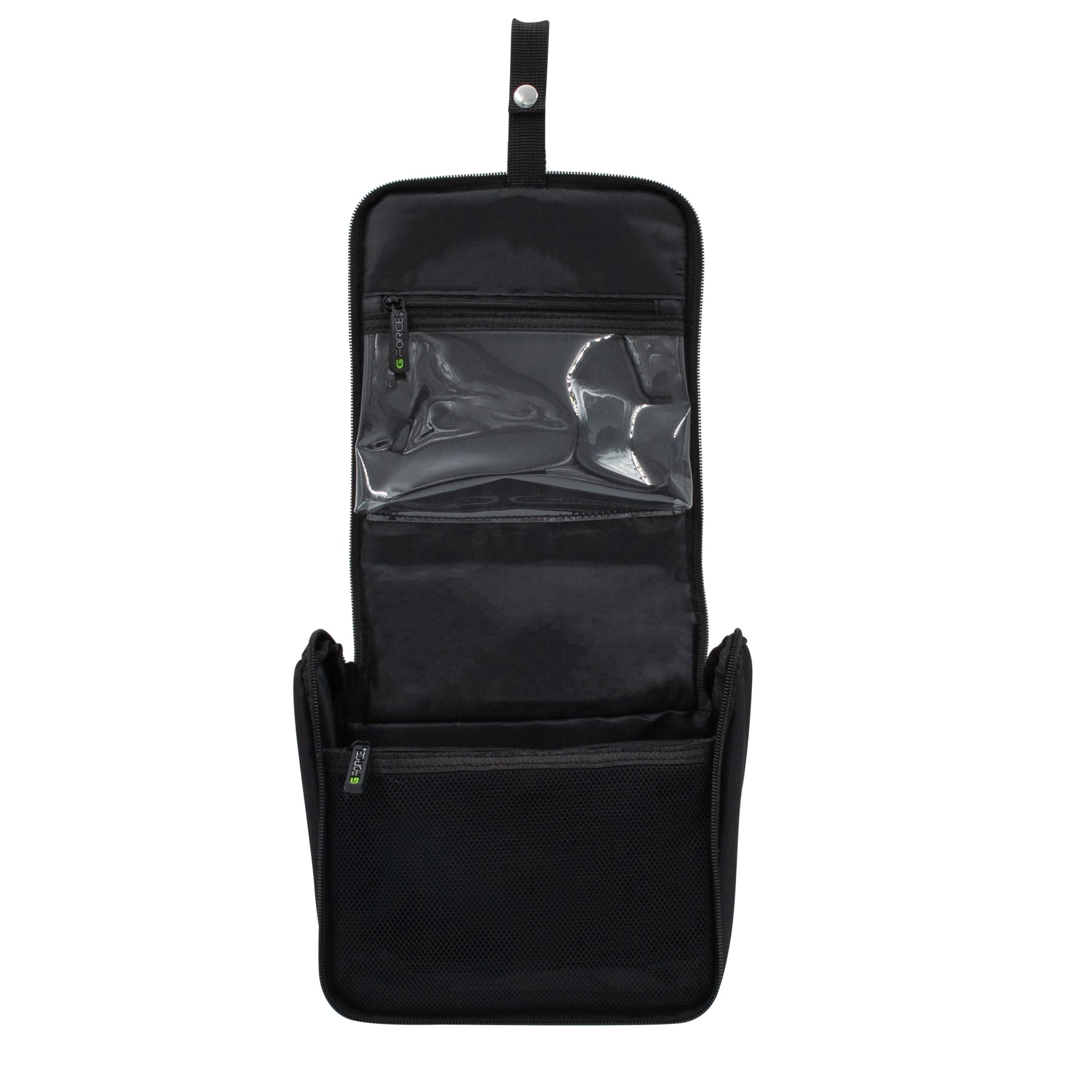 RPET Hanging Toiletry Bag Set with 3 Piece Clear Refillable Travel Bottles, Black