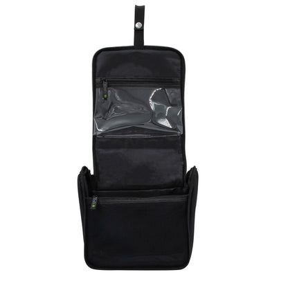 RPET Hanging Toiletry Bag Set with 3 Piece Clear Refillable Travel Bottles, Black