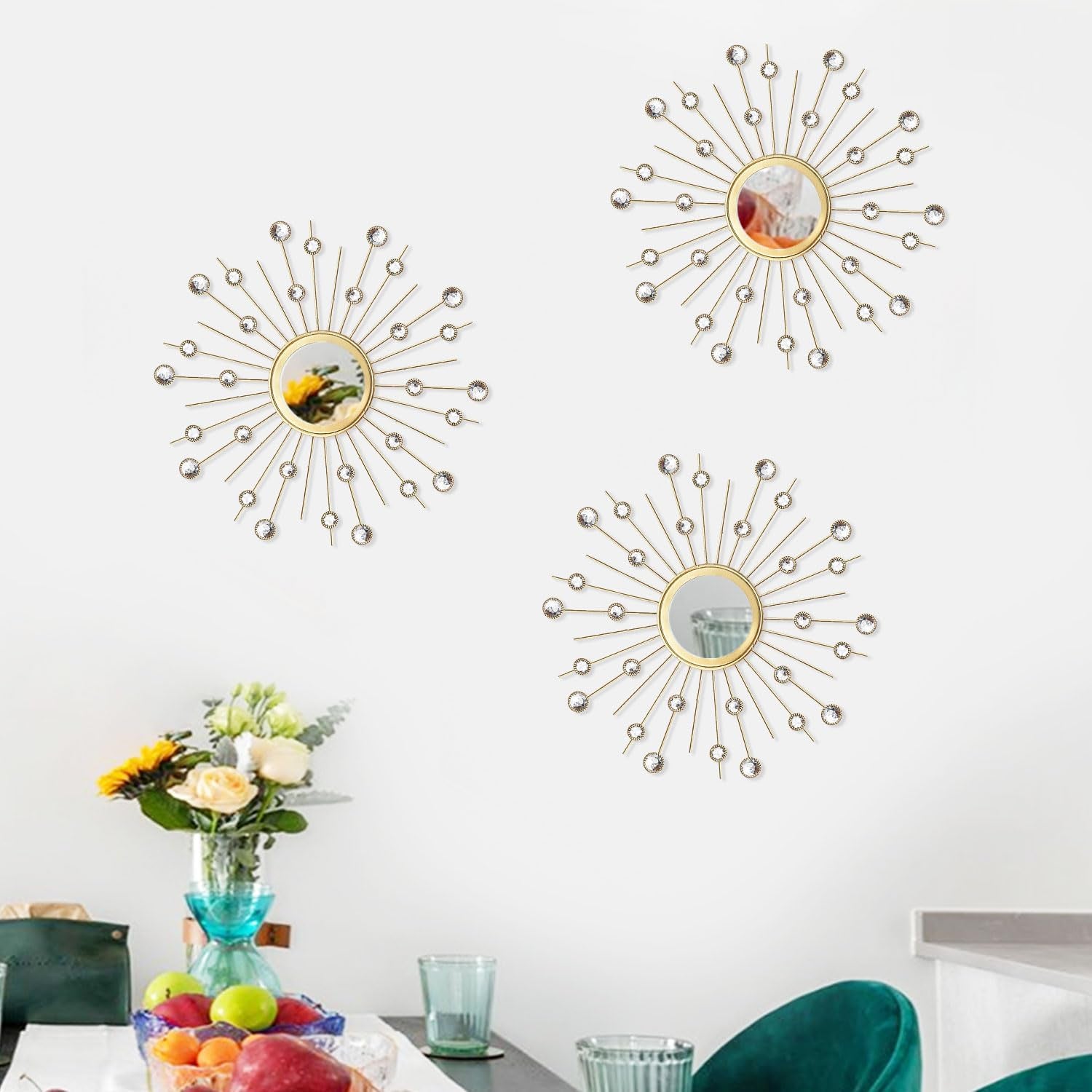 3-Pack Crystal Sunburst Wall Mirrors with Rhinestones, Silver Decorative Home Wall Art for Living Room, Bedroom & Entryway