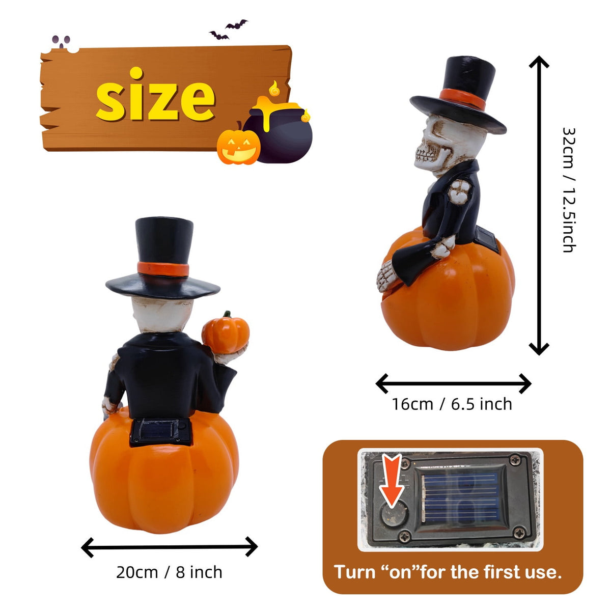 Black and orange skeleton pumpkin Halloween figurine with light