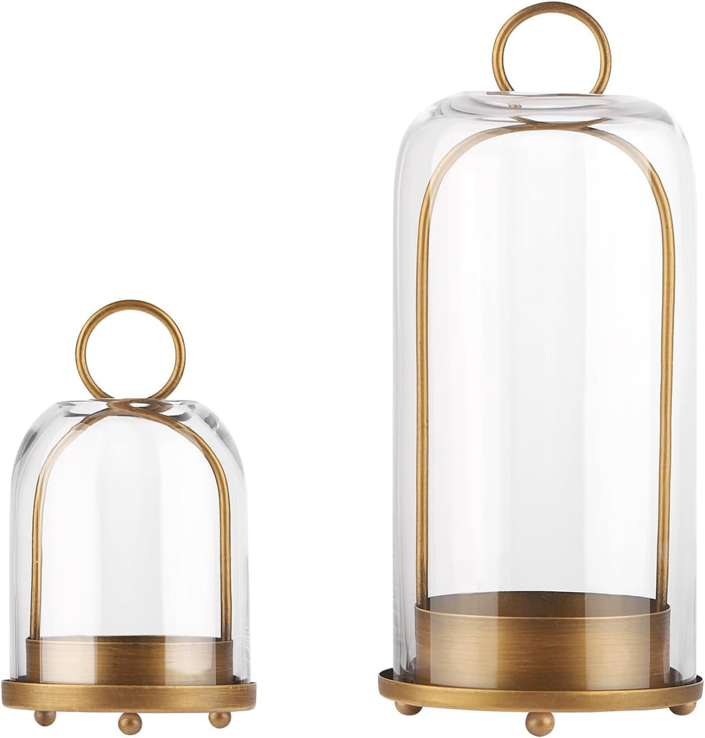 5" & 4" Wide Versatile Metal Candle Holder with Handmade Sturdy Glass Dome in Brass for Pillar Candle & Plants, 5.1" Xh11.8 4" Xh7.5, Industrial, Farmhouse, Shabby Chic. (2, Brass, Large & Small)