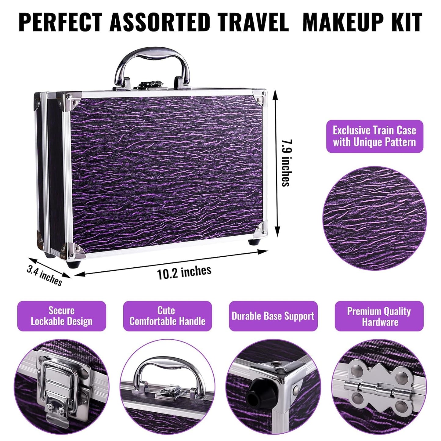 Makeup Kit for Teen Girls & Women, Full Beauty Train Case with Starter Cosmetic Set – Eyeshadow, Lip Gloss, Blush, Highlighter, Brushes & More (Purple)