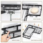 5 PCS Corner Shower Caddy, No Drilling Stainless Steel Shower Storage Rack with Hooks & Toothpaste Holder for Bathroom, Black