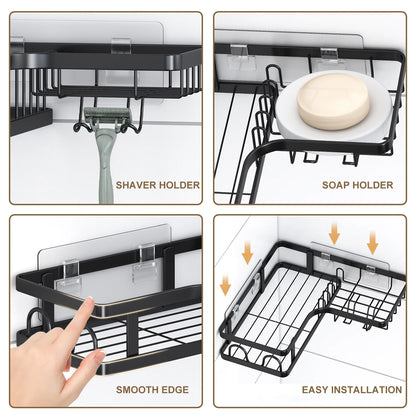 5 PCS Corner Shower Caddy, No Drilling Stainless Steel Shower Storage Rack with Hooks & Toothpaste Holder for Bathroom, Black