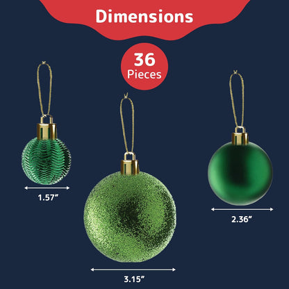  36-Piece Shatterproof Green Christmas Ornaments – 3 Sizes, 6 Styles with Hanging Loops for Tree, Wreath & Holiday Decor