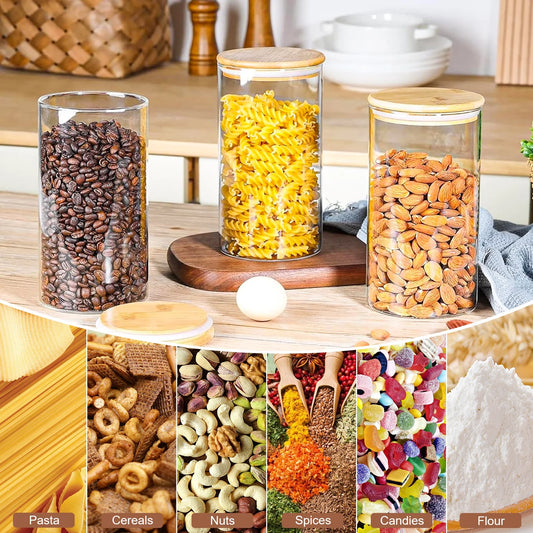 Glass Jar with Bamboo Lid: 6 Pack 25Oz Airtight Food Storage Containers, Kitchen and Pantry Organizer for Coffee, Sugar, Flour, Candy, Pasta, Cereal, Tea, Nuts, Cookie, Spice