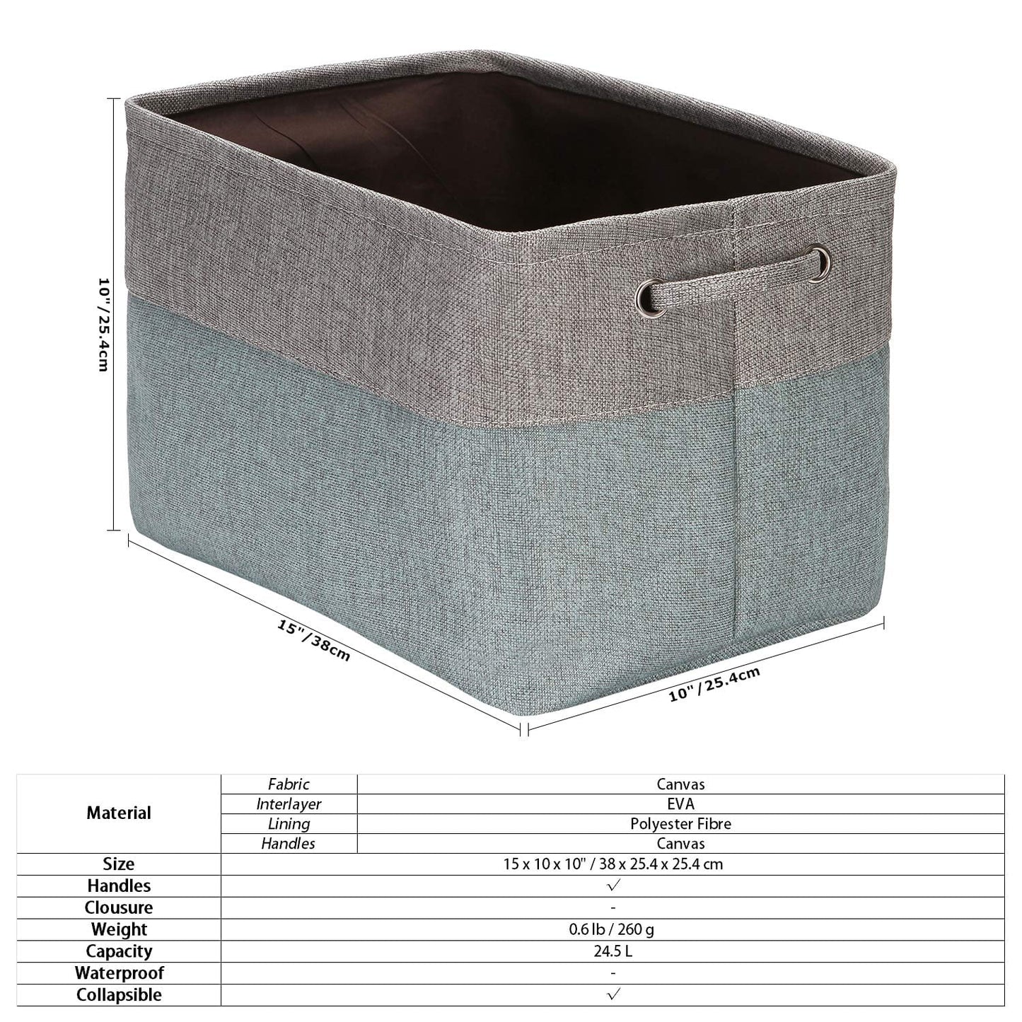 3-Pack Large Storage Basket Set, Trunk Organizer, Clothes Toys Bin, 15 X 10 X 10 Inches, Big Rectangular Canvas Fabric Collapsible Shelf Box with Handles, Stone Blue & Grey