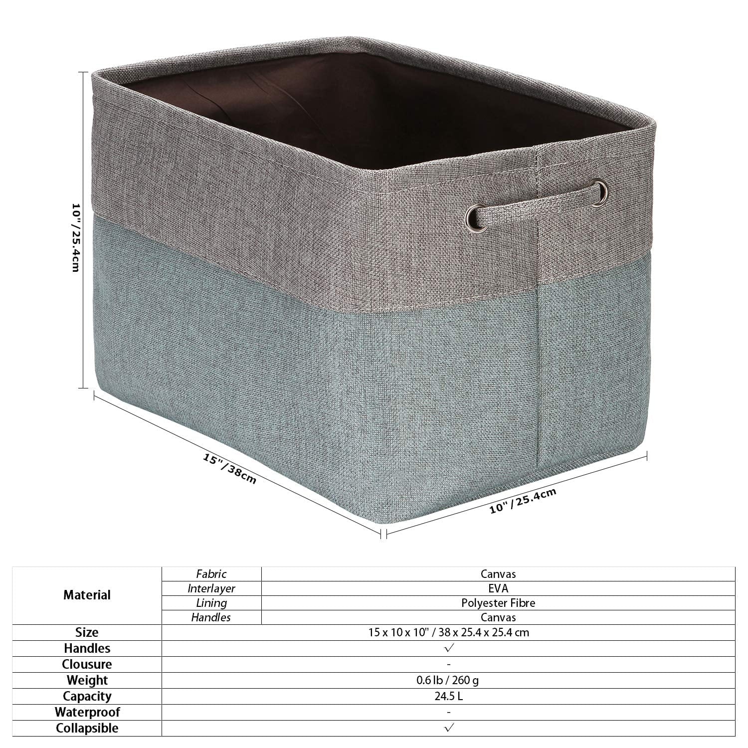 3-Pack Large Storage Basket Set, Trunk Organizer, Clothes Toys Bin, 15 X 10 X 10 Inches, Big Rectangular Canvas Fabric Collapsible Shelf Box with Handles, Stone Blue & Grey