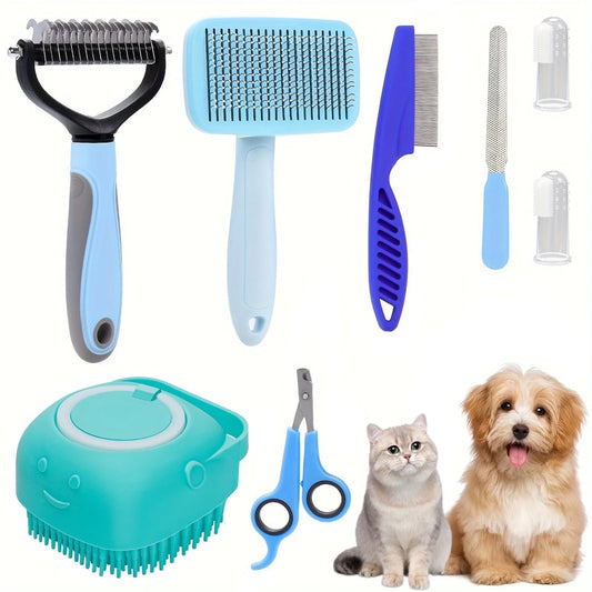 7-Piece Cat & Dog Grooming Brush Kit with Shedding, Flea & Bath Brushes