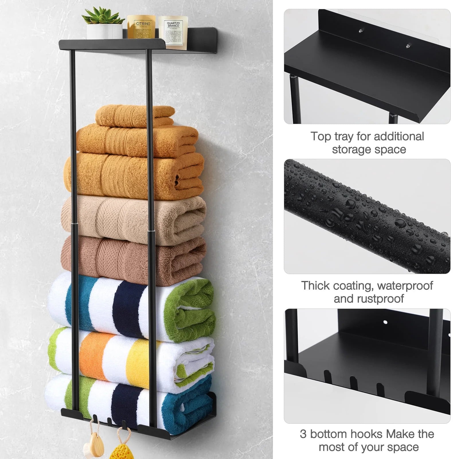 Wall-Mounted Bathroom Towel Rack for Rolled & Folded Towels, Metal Towel Holder, Black
