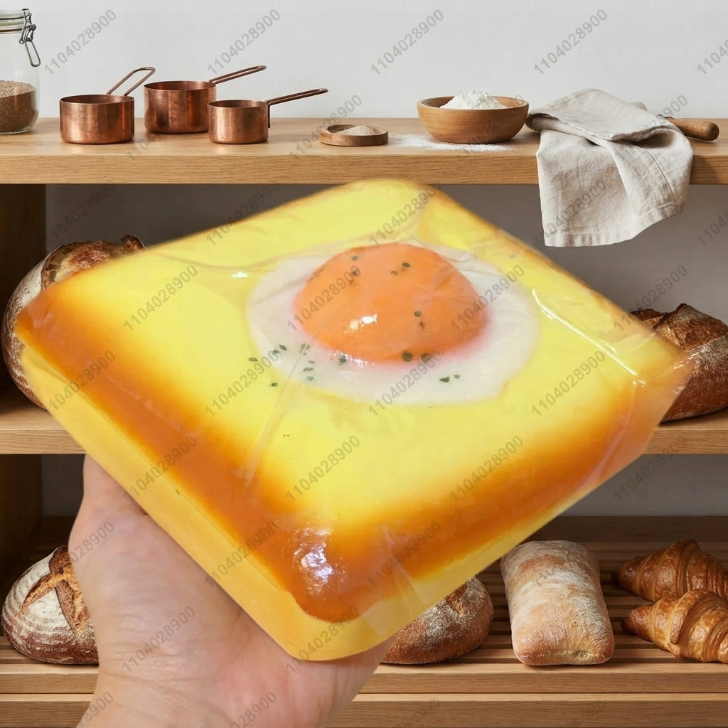 Large toast-shaped squishy toy with fried egg design for stress relief