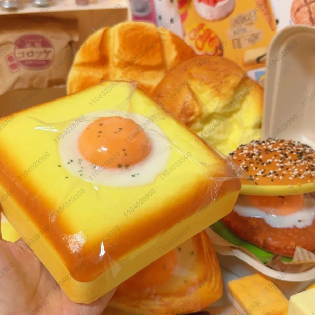 Slow-rising toast bread squishy with fried egg topping for stress relief