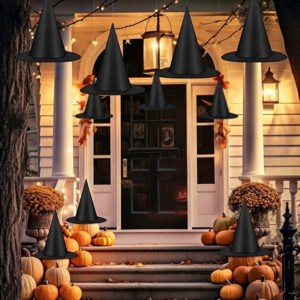 Black witch hats for spooky Halloween porch decorations