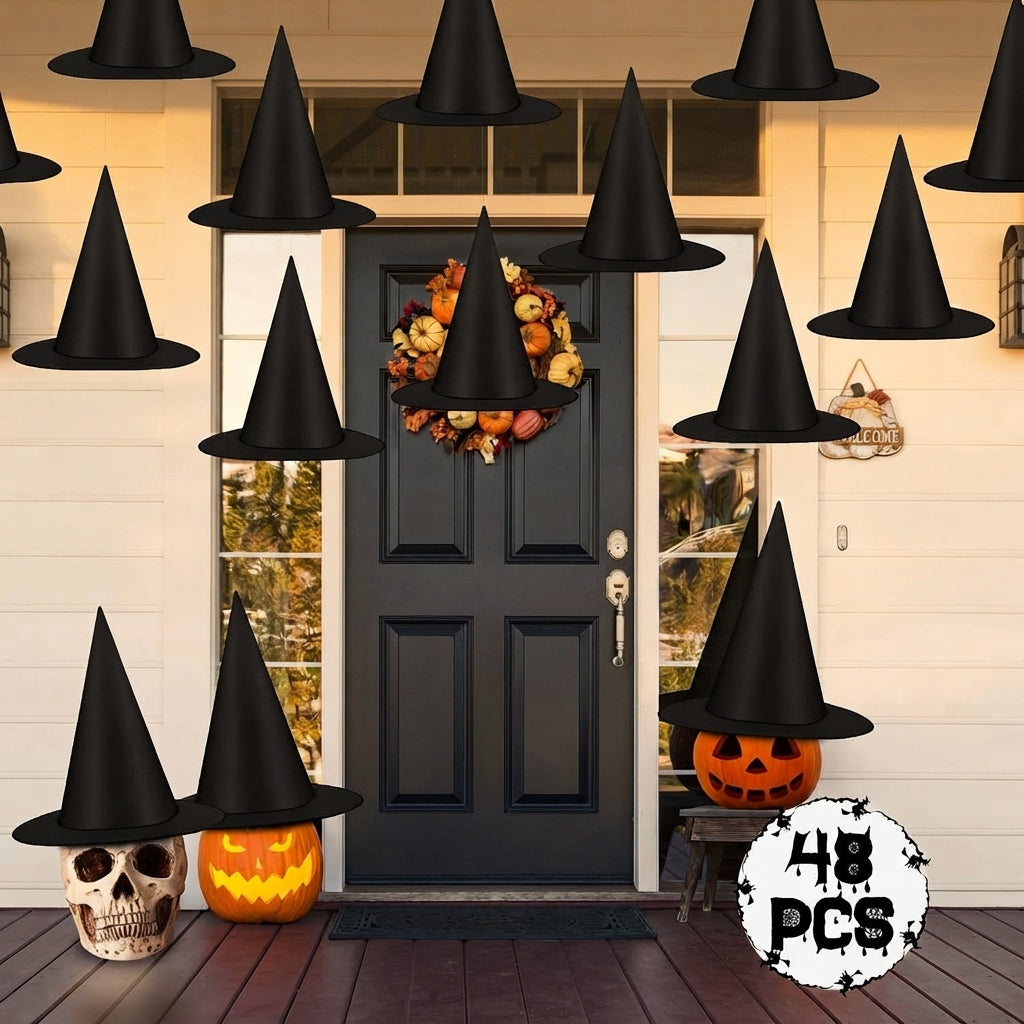Hanging witch hat decorations for Halloween yard displays