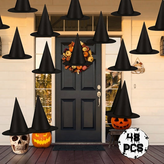 Hanging witch hat decorations for Halloween yard displays
