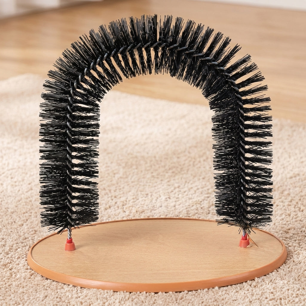 Cat self grooming arch with massager and scratching pad