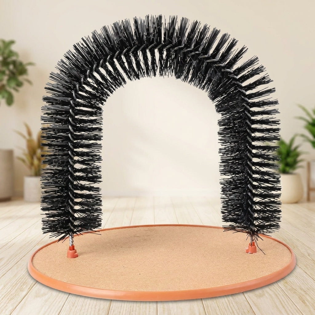 Self grooming cat toy with arch massager and scratch pad
