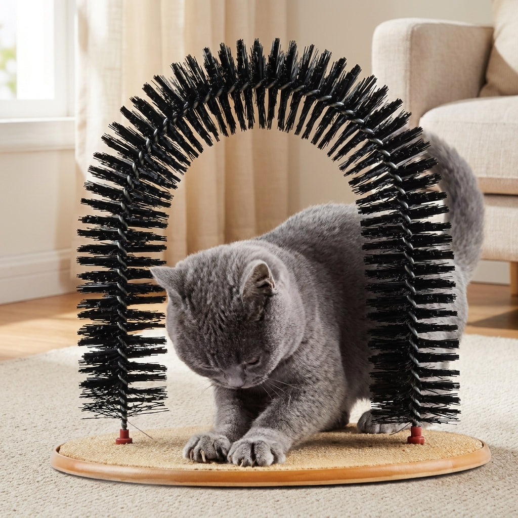 Interactive cat scratcher and grooming arch toy